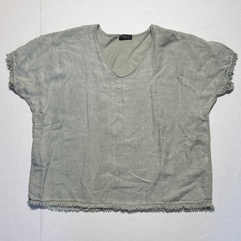 NATACHA Paris Mint Green Gray V-Neck Frayed Hem Cotton‎ Linen Top Oversized O/S